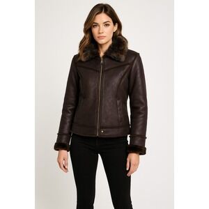 Y2K Garment Touch Jacket Women L Brown Faux‎ Leather Fur Aviator Moto Penny Lane